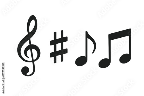 Vector symbols of musical key signs and a music notes icon on a white background