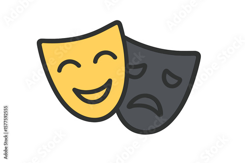 A vector icon of a masquerade on a white background, featuring a comic and tragic mask
