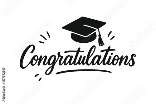 A handwritten brush lettering congratulations sign featuring an academic cap, suitable for university, school, or academy graduation parties, available as a vector design for use on congratulation