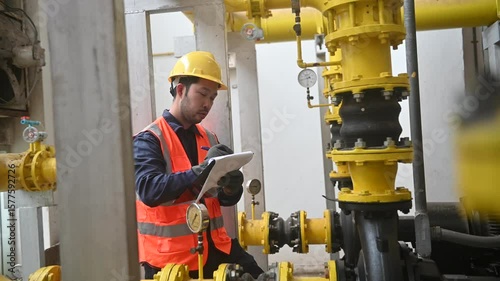 An engineer is inspecting a pressure motor pump and checking a gas pipeline pressure gauge