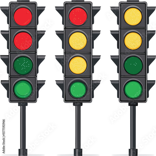 Minimalist Vector Set of Traffic Lights in Different States on White Background