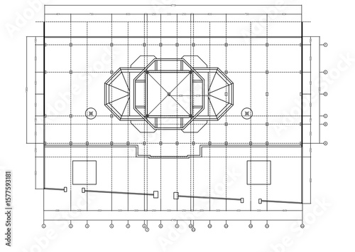 2d illustration of a floor plan for a dome structure, intricately detailed with precise notations and a comprehensive grid system. Related to architectural design, structural engineering, construction