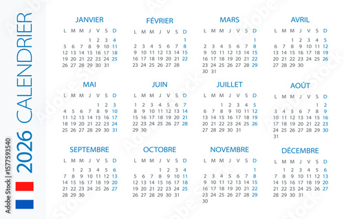 Calendar 2026 Horizontal - illustration. French version
