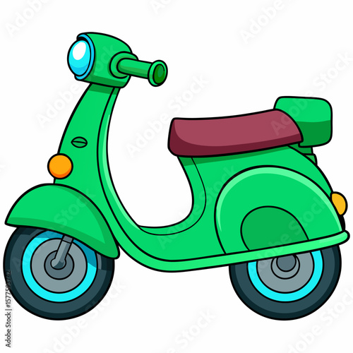 Cartoon green scooter vector illustration. Classic retro motorbike scooter. Symbolizes urban mobility and sustainable travel. Isolated on a white background