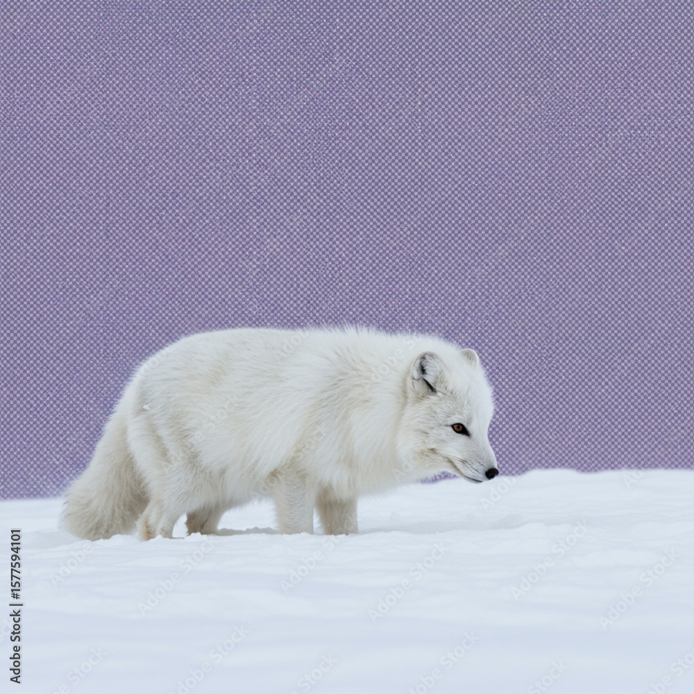 Fototapeta premium Arctic Fox Hunting in Snowy Tundra with Pop Art Backdrop. High Detail, 8K.
