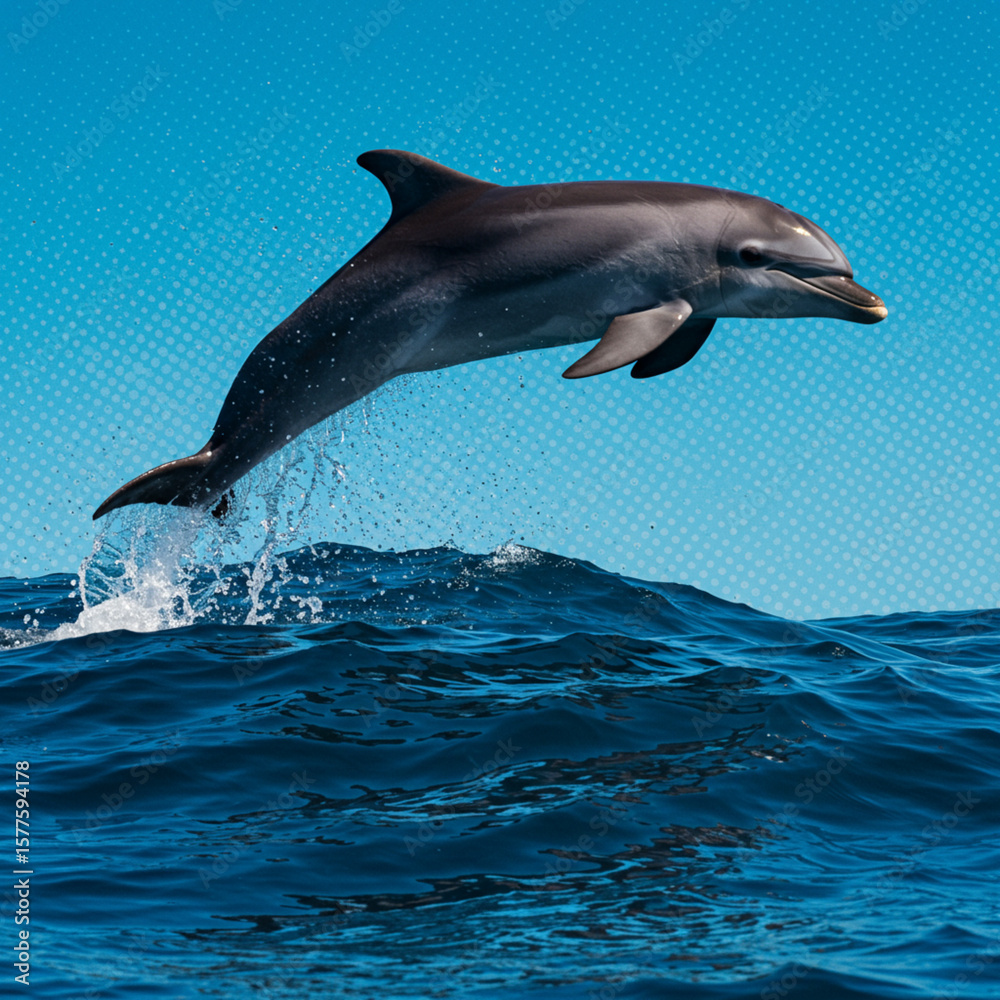 Fototapeta premium Magnificent Dolphin Leaps: A Photorealistic Pop Art Ocean Spectacle in 8K Resolution.