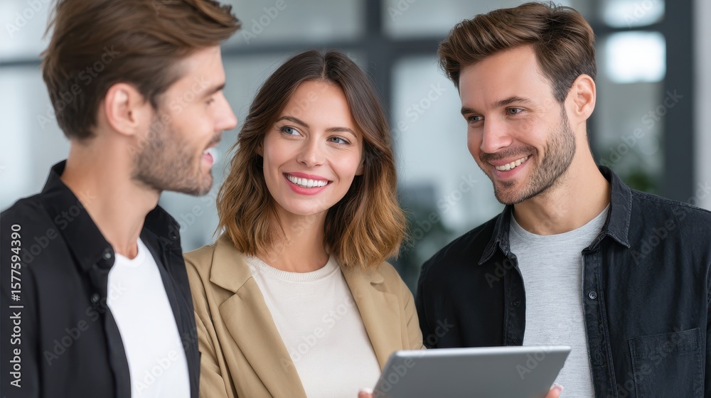 Three professionals engage in a friendly discussion, sharing ideas while looking at a tablet in a modern office setting. Three professionals engage in a friendly discussion, sharing ideas while looking at a tablet in a modern office setting.