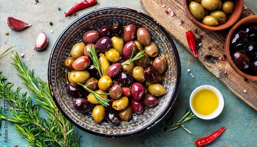 olives homemade marinated colorful olives with herbs and spices on rustic table close up healthy mediterranean vegan food vertical image top view flat lay
