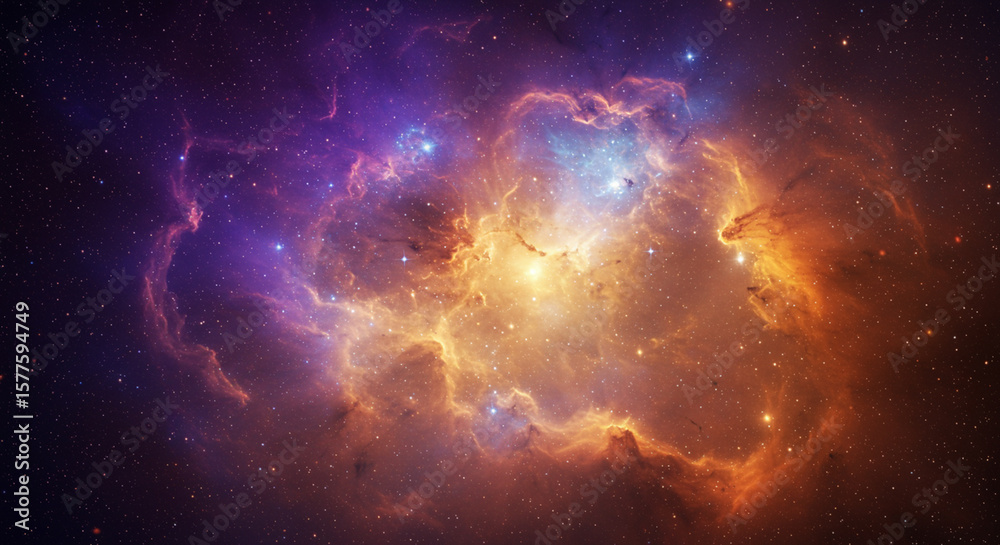 Obraz premium A vibrant, colorful nebula displaying cosmic clouds and bright stars in space.