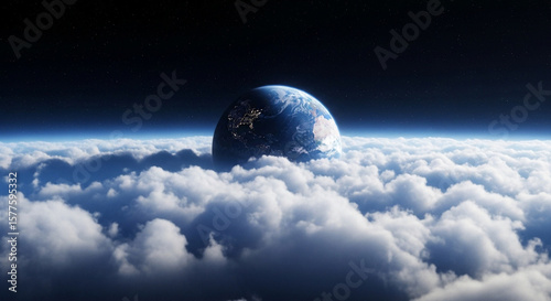 Earth rises majestically above a boundless sea of fluffy white clouds, a breathtaking view from high above.