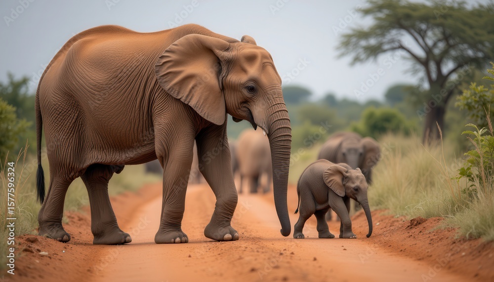 Fototapeta premium Elephants walking on red dirt road with trees in savannah landscape