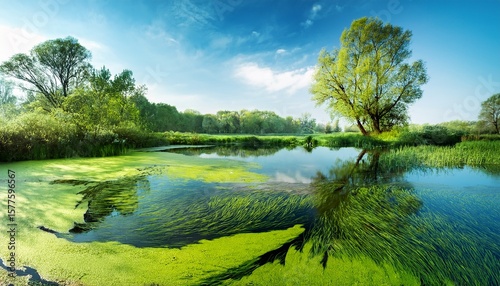 green algae on the water surface of a pond spring landscape