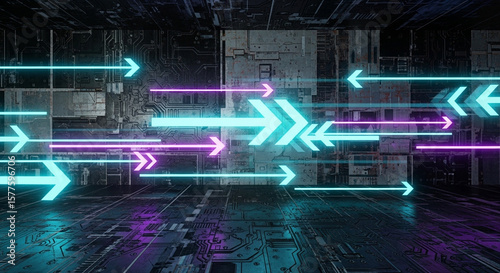 Futuristic Neon Arrows Stream Across a Glowing Circuit Board, Creating a Dynamic Digital Landscape