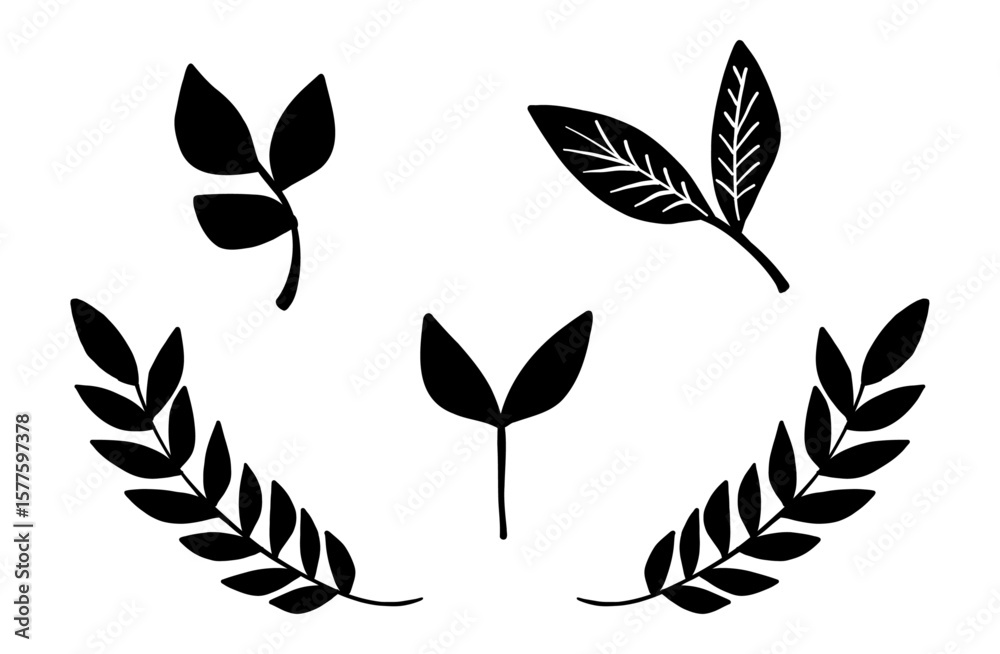 Simple Black Leaf Silhouette Collection on White Background Simple Black Leaf Silhouette Collection on White Background
