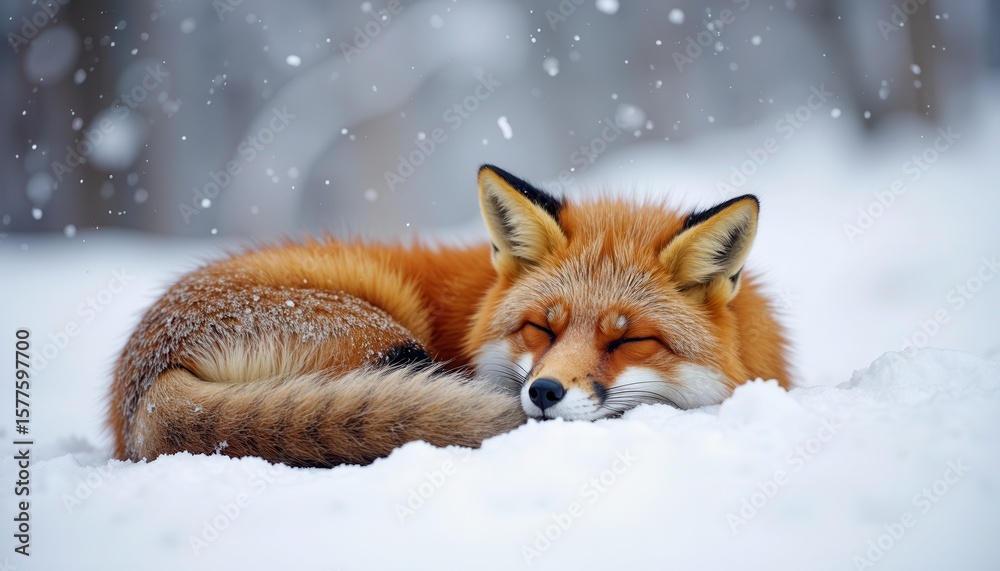 Fototapeta premium Sleeping red fox in snowy winter landscape