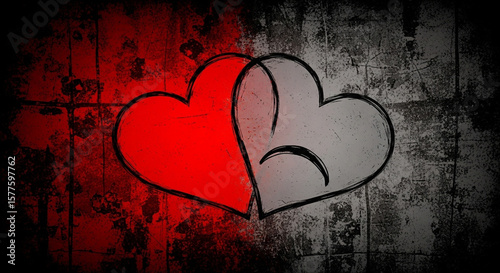 Two intertwined hearts, one vibrant red, the other somber gray, symbolize a fractured relationship against a grunge backdrop.