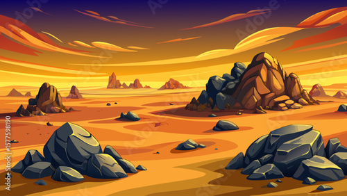 Panoramic view of endless sand dunes in the Sahara Desert during sunset. Golden yellow waves of sand under dramatic sky. Natural desert landscape, scenic beauty