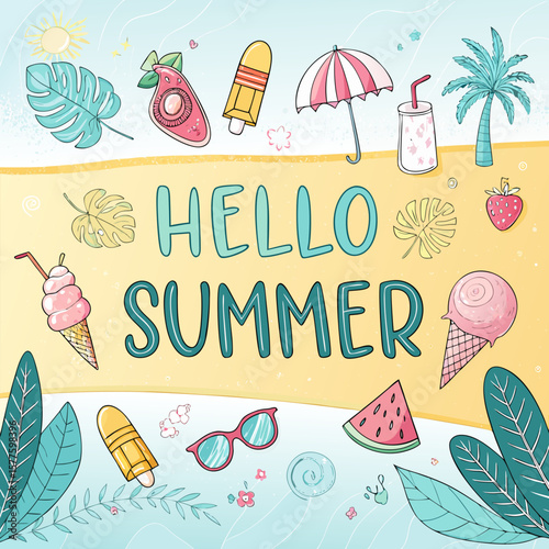 Colorful Cartoon Summer Banners Vector – Hello Summer with Sunglasses, Ice Cream, Watermelon & Tropical Elements