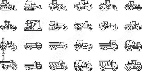 Construction vehicle line icon set. Vector pictograms of bulldozer, loader, grader, paver, roller, lowboy hauler, utility, concrete mixer, thin