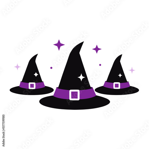 Three black witch hats with purple bands and sparkling stars on a white background