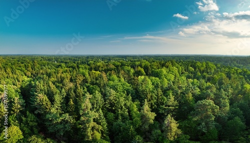 view of the forest from above a dense vast forest grows in the lowland tops of tall trees are visible the forest consists of deciduous and coniferous trees and stretches far into the distance