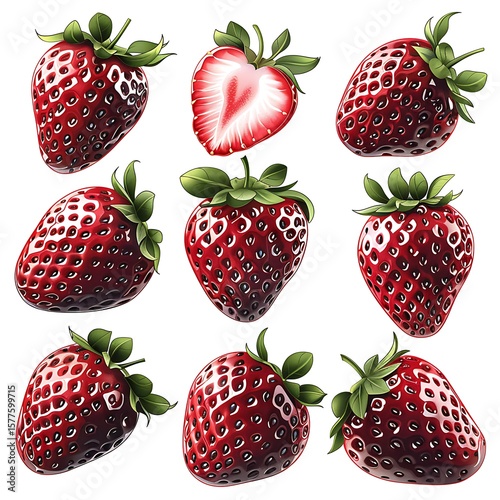 Symmetrical strawberry design red fruits black leaves high resolution picture