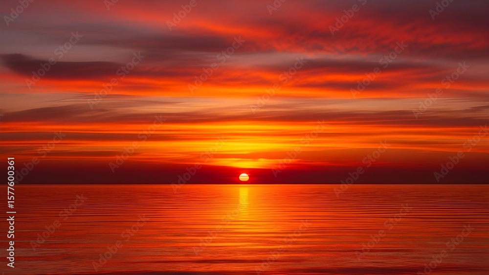 Fototapeta premium Fiery Red Sunset Sky Over Calm Horizon
