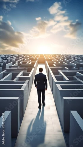 Man's path to success A businessman approaches a maze, aiming for the light