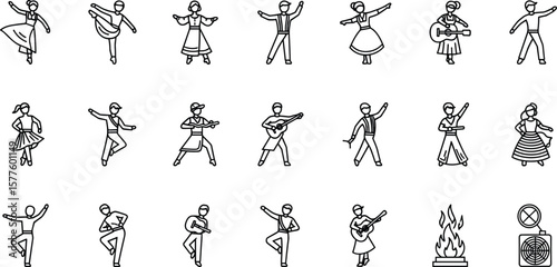 Dance line icon set. Vector pictograms of various people dancing styles - ballet, salsa, hip-hop, traditional folk, tango, jazz, samba, flamenco, disco freestyle thin linear