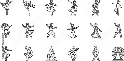 Dance line icon set. Vector pictograms of various people dancing styles - ballet, salsa, hip-hop, traditional folk, tango, jazz, samba, flamenco, disco freestyle thin linear