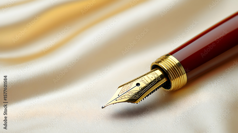 Naklejka premium A burgundy fountain pen rests on a cream-colored fabric.
