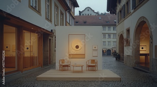 Urban courtyard with modern art installation and seating area