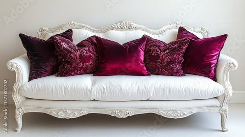 White sofa with purple velvet pillows in a living room