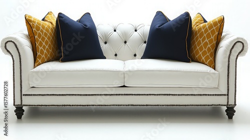 White sofa with tufted back and decorative pillows