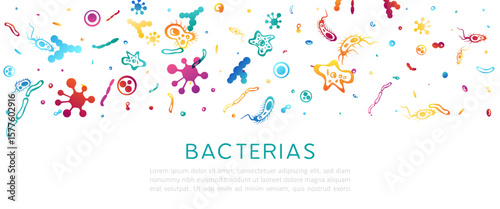 Bacterias, microbe and viruses. Vector horizontal banner with top border from colorful flowing decoration elements.
