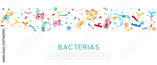 Bacterias, microbe and viruses. Vector horizontal banner with top border from colorful flowing decoration elements.