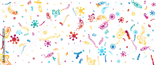 Bacterias, microbe and viruses. Vector horizontal banner with colorful flowing decoration elements.