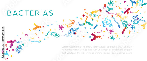 Bacterias, microbe and viruses. Vector horizontal banner with colorful flowing decoration elements.