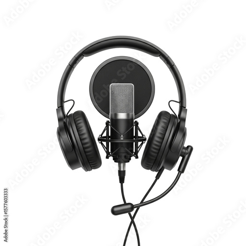 Studio microphone surrounded by headphones against a dark background, ideal for podcasts, voice overs, and audio recording, representing professional sound equipment.
