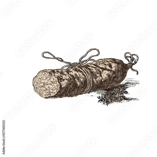 Vintage sausage wrapped with twine, perfect for culinary illustration and charcuterie design, copy space
