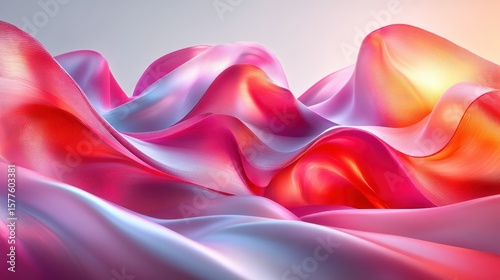Abstract wavy folds of vibrant, translucent, flowing material in a gradient of pink, red, and blue