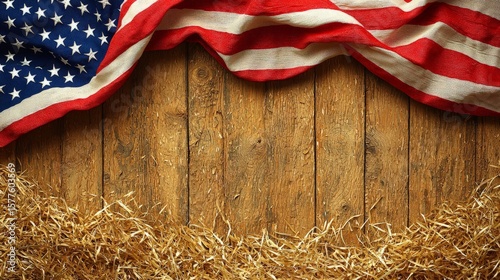 American flag draped over wood with hay bale patriotic theme