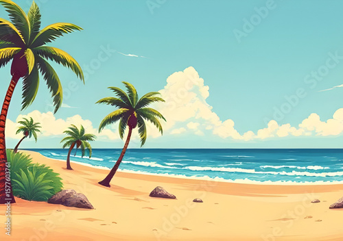 tropical beach, palm trees, beach landscape, tropical paradise, seaside view, ocean shoreline, sandy beach, turquoise water, tropical sunset, island beach, beach horizon, palm tree silhouette, beach v