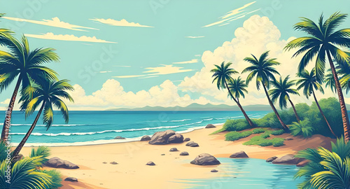 tropical beach, palm trees, beach landscape, tropical paradise, seaside view, ocean shoreline, sandy beach, turquoise water, tropical sunset, island beach, beach horizon, palm tree silhouette, beach v