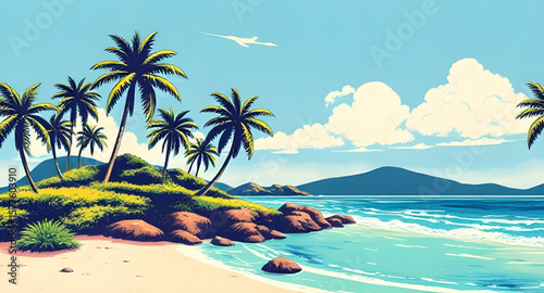 tropical beach, palm trees, beach landscape, tropical paradise, seaside view, ocean shoreline, sandy beach, turquoise water, tropical sunset, island beach, beach horizon, palm tree silhouette, beach v