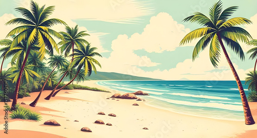 tropical beach, palm trees, beach landscape, tropical paradise, seaside view, ocean shoreline, sandy beach, turquoise water, tropical sunset, island beach, beach horizon, palm tree silhouette, beach v