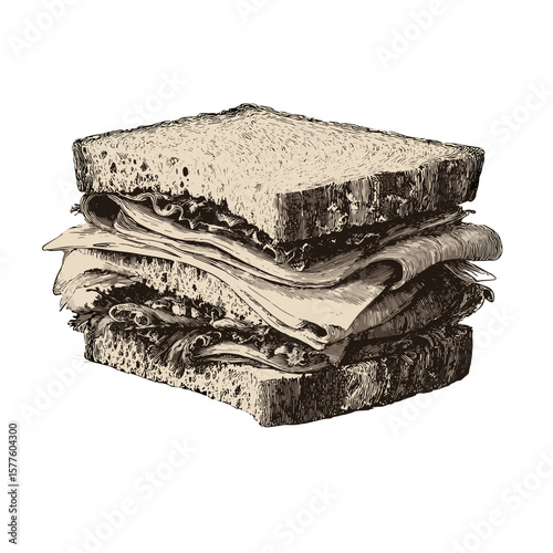 Vintage layered sandwich with fillings, ideal for culinary illustration and food design, copy space