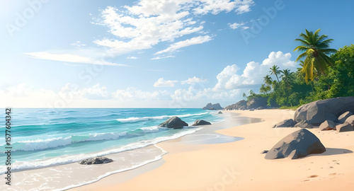 tropical beach, palm trees, beach landscape, tropical paradise, seaside view, ocean shoreline, sandy beach, turquoise water, tropical sunset, island beach, beach horizon, palm tree silhouette, beach v