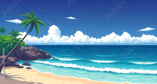 tropical beach, palm trees, beach landscape, tropical paradise, seaside view, ocean shoreline, sandy beach, turquoise water, tropical sunset, island beach, beach horizon, palm tree silhouette, beach v