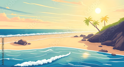 tropical beach, palm trees, beach landscape, tropical paradise, seaside view, ocean shoreline, sandy beach, turquoise water, tropical sunset, island beach, beach horizon, palm tree silhouette, beach v